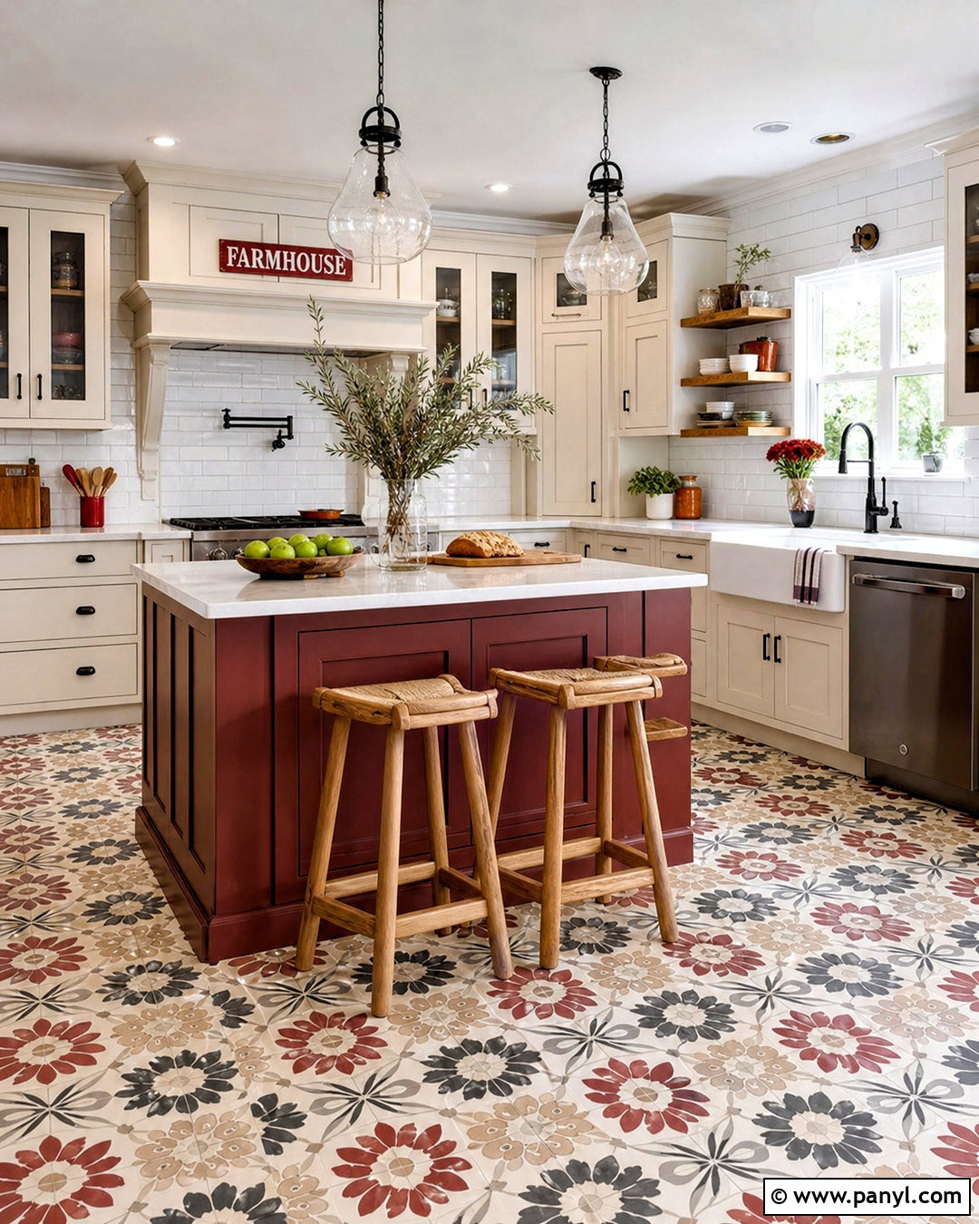 Red Farmhouse Kitchen With Patterned Floor - 20 red farmhouse kitchen ideas