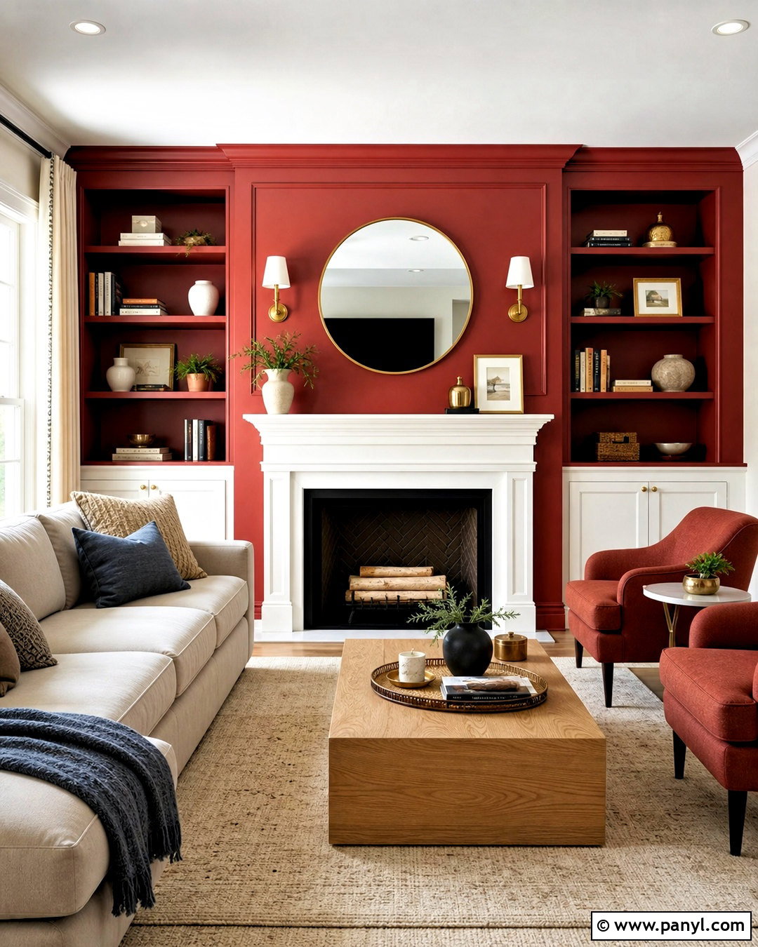 Red Fireplace Wall With Built-In Shelves - 20 red wall living room ideas