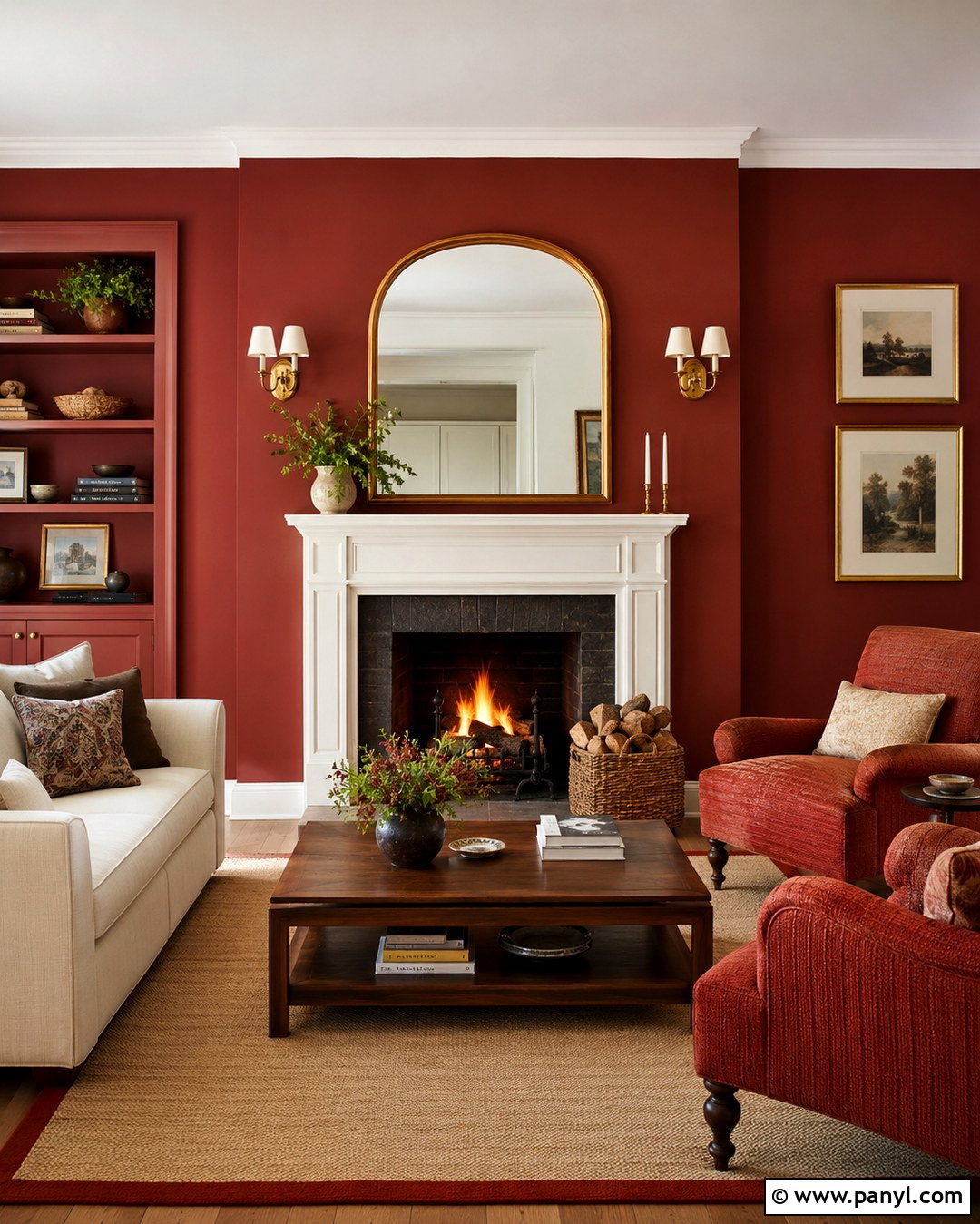 Red Fireplace Wall With Gold Mirror - 20 Red And Gold Wall Ideas