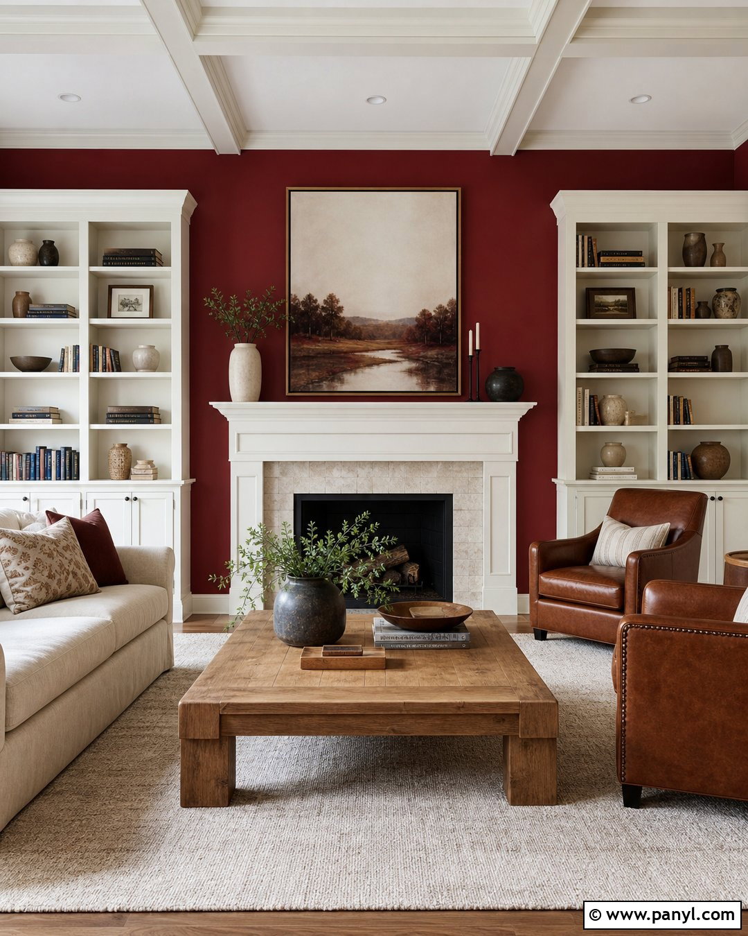 Red Fireplace Wall With White Built-Ins - 20 Red And White Walls