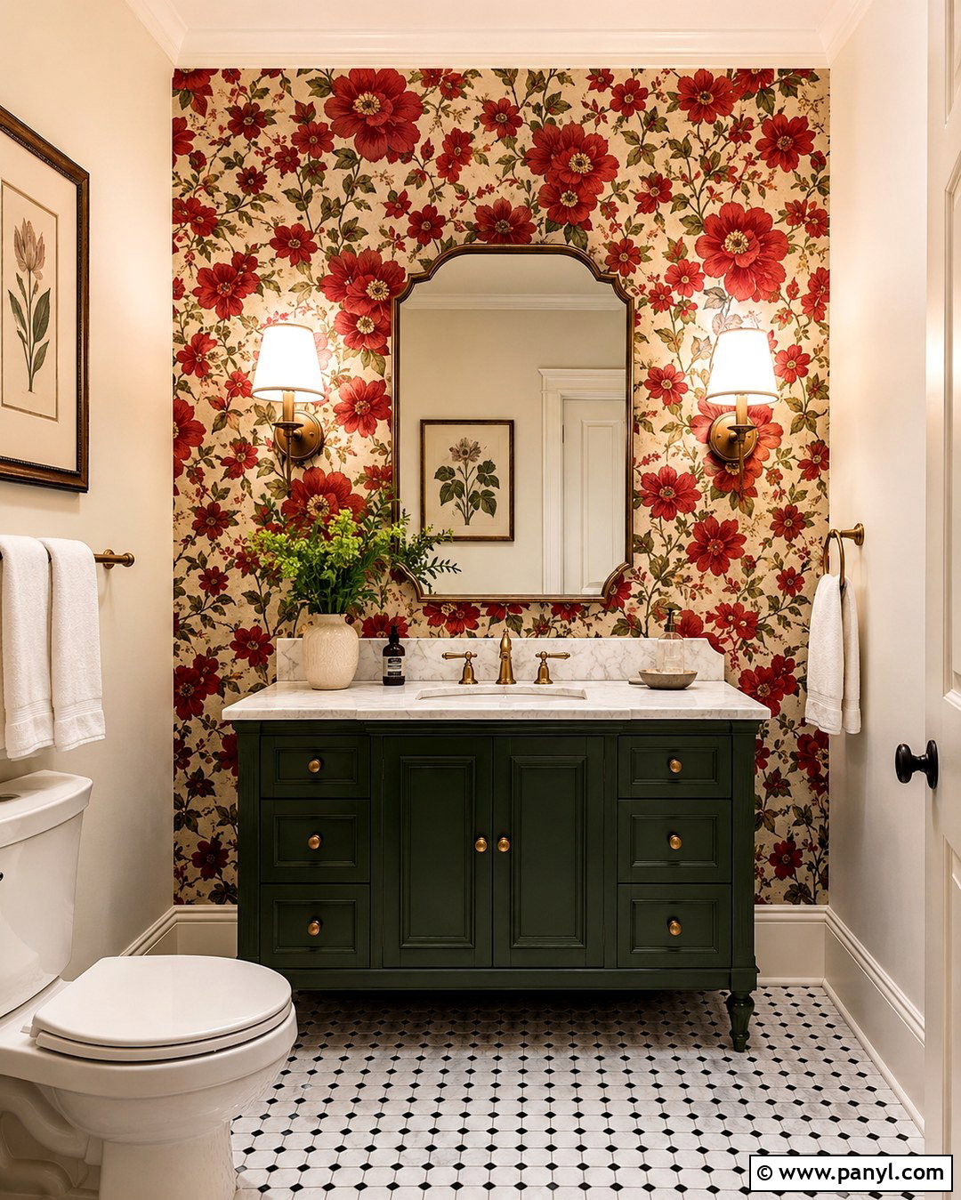Red Floral Wallpaper Bathroom Wall - 20 Red Accent Wall Bathroom Ideas