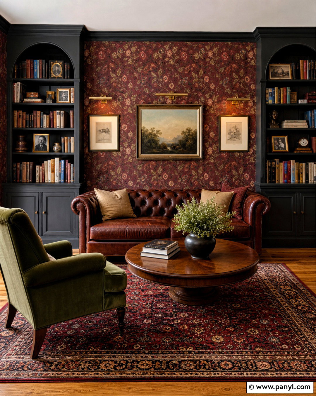 Red Floral Wallpaper Home Library - 20 antique red floral wallpaper ideas