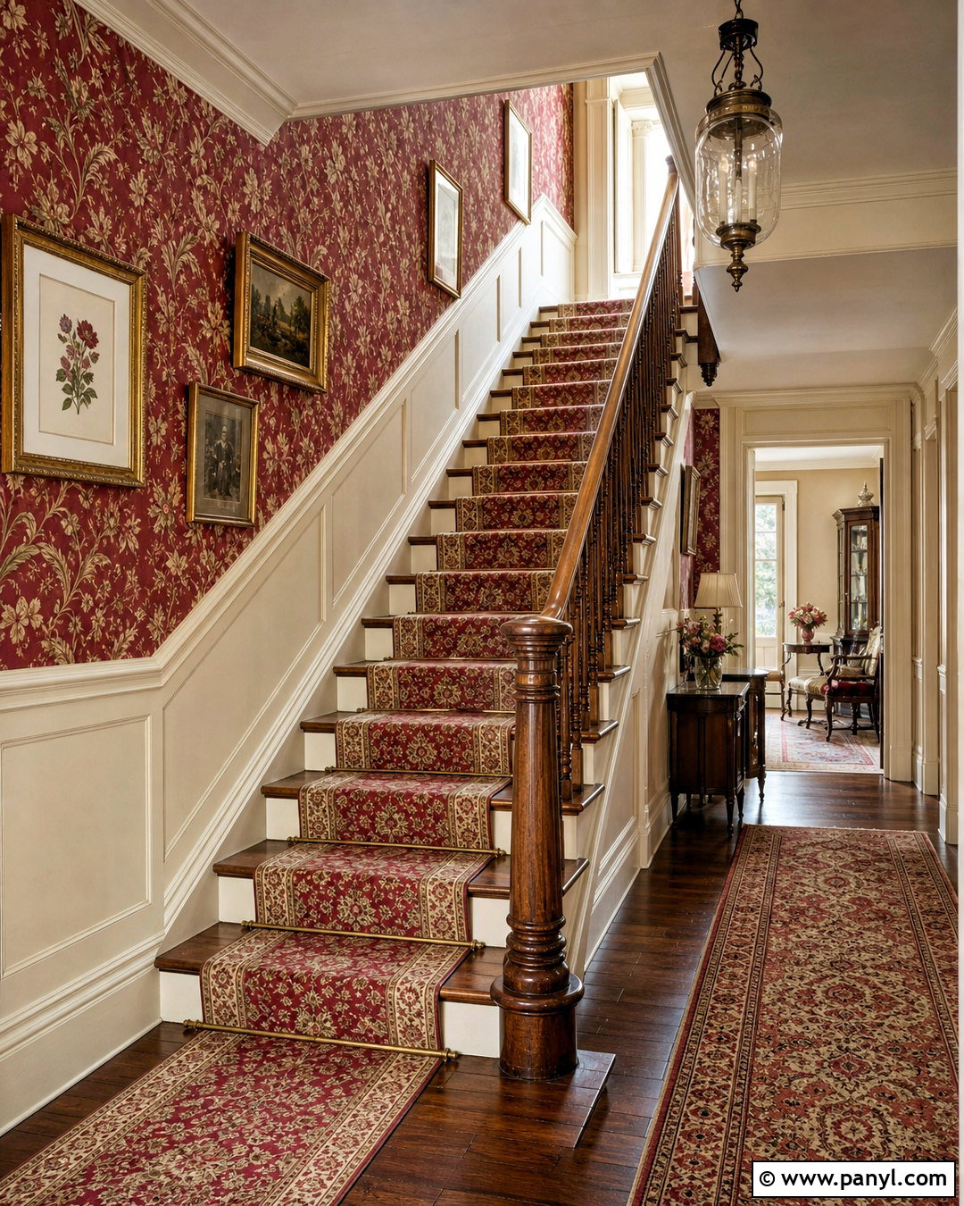 Red Floral Wallpaper Stairway - 20 antique red floral wallpaper ideas