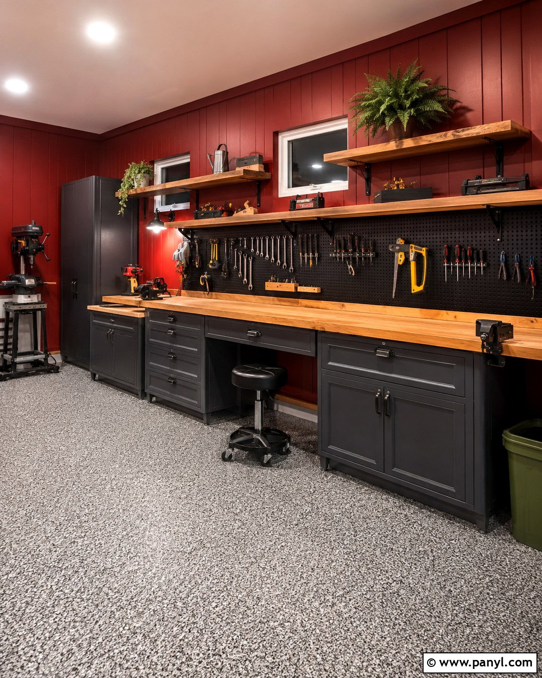 Red Garage Walls With Natural Wood Workbench - 20 Red Garage Walls