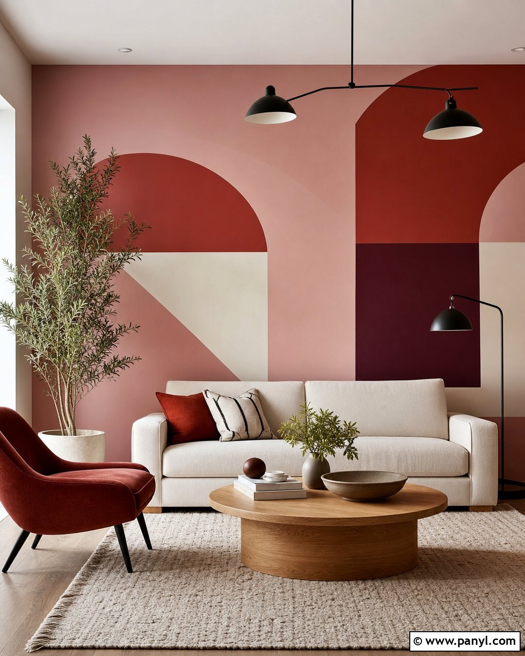 Red Geometric Mural On Pink Walls - 25 Pink And Red Wall Ideas