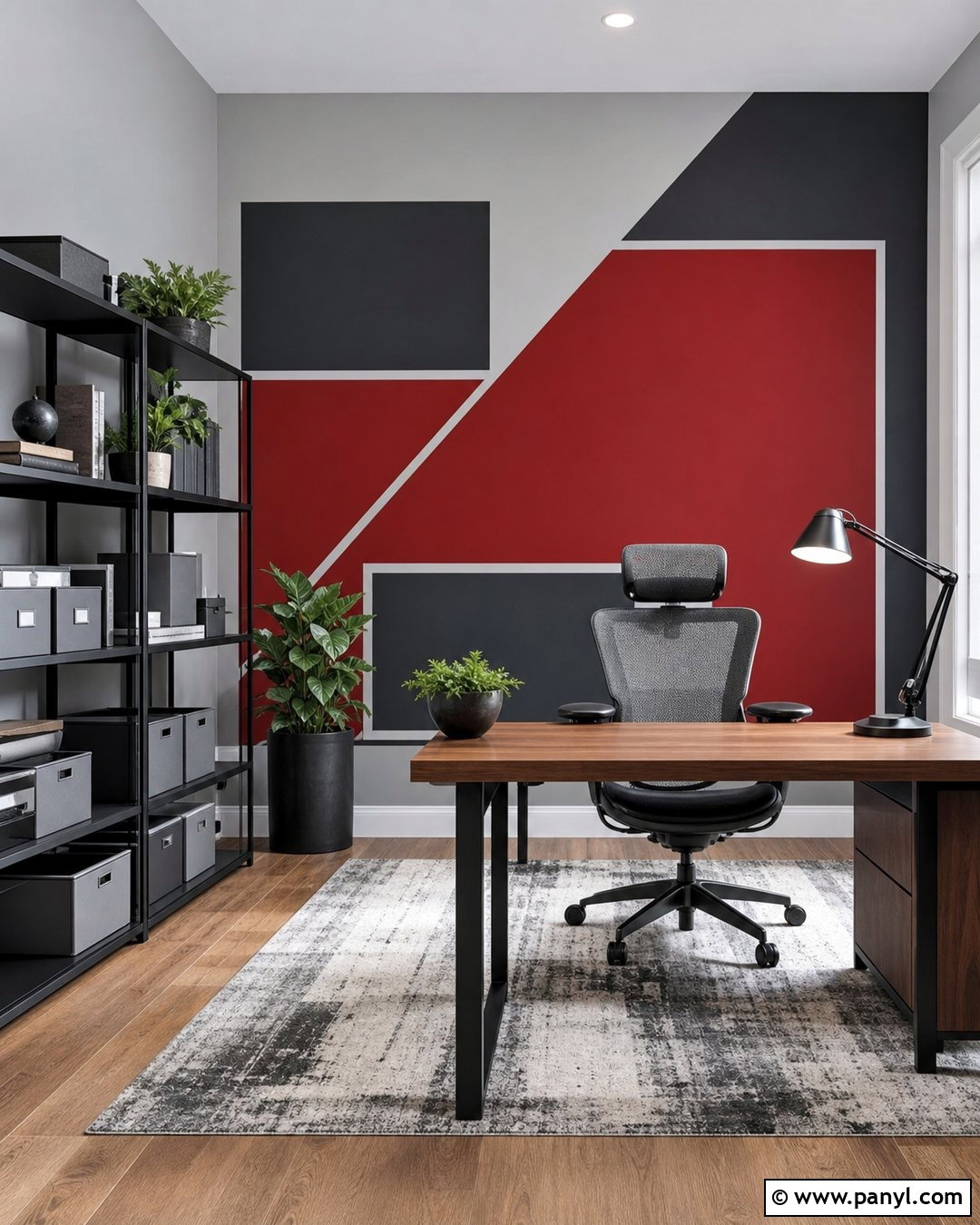 Red Geometric Wall With Grey Office Walls - 20 Red And Grey Walls