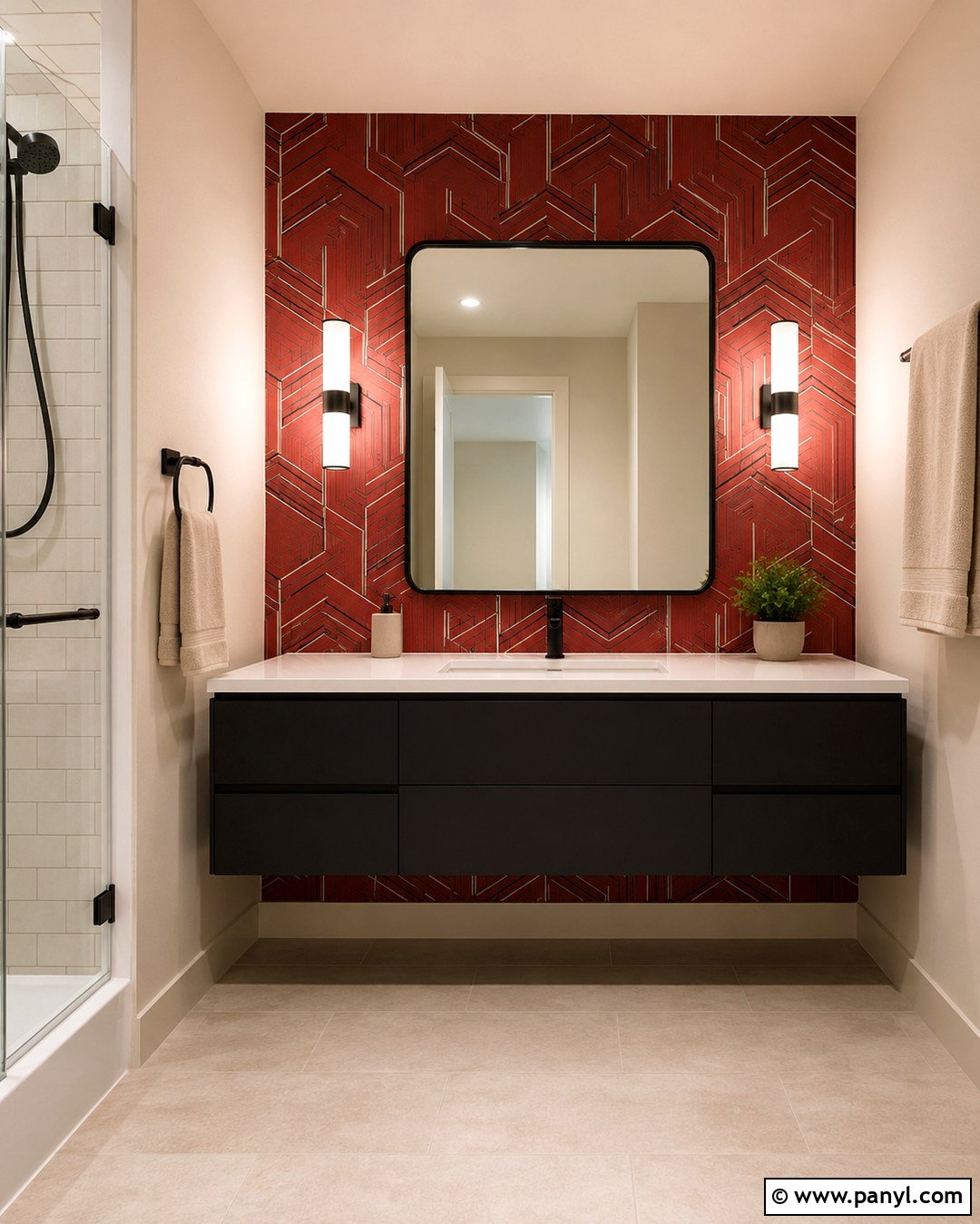 Red Geometric Wallpaper Bathroom Wall - 20 Red Accent Wall Bathroom Ideas