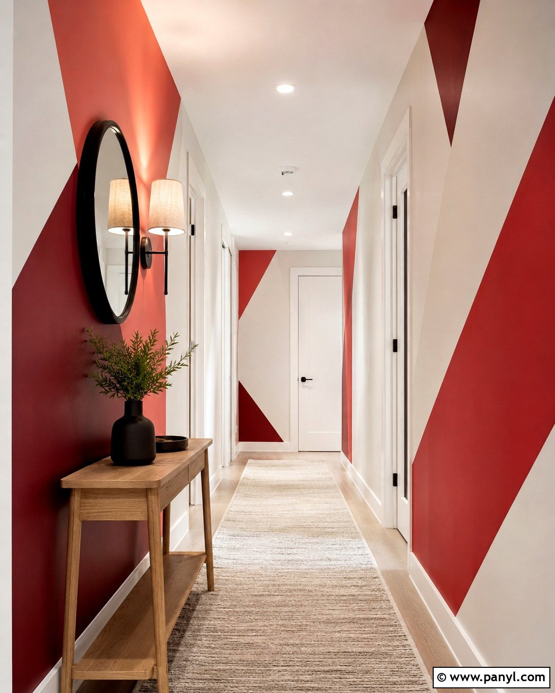 Red Hallway Geometric Stripes - 20 Geometric Wall Paint Red Ideas