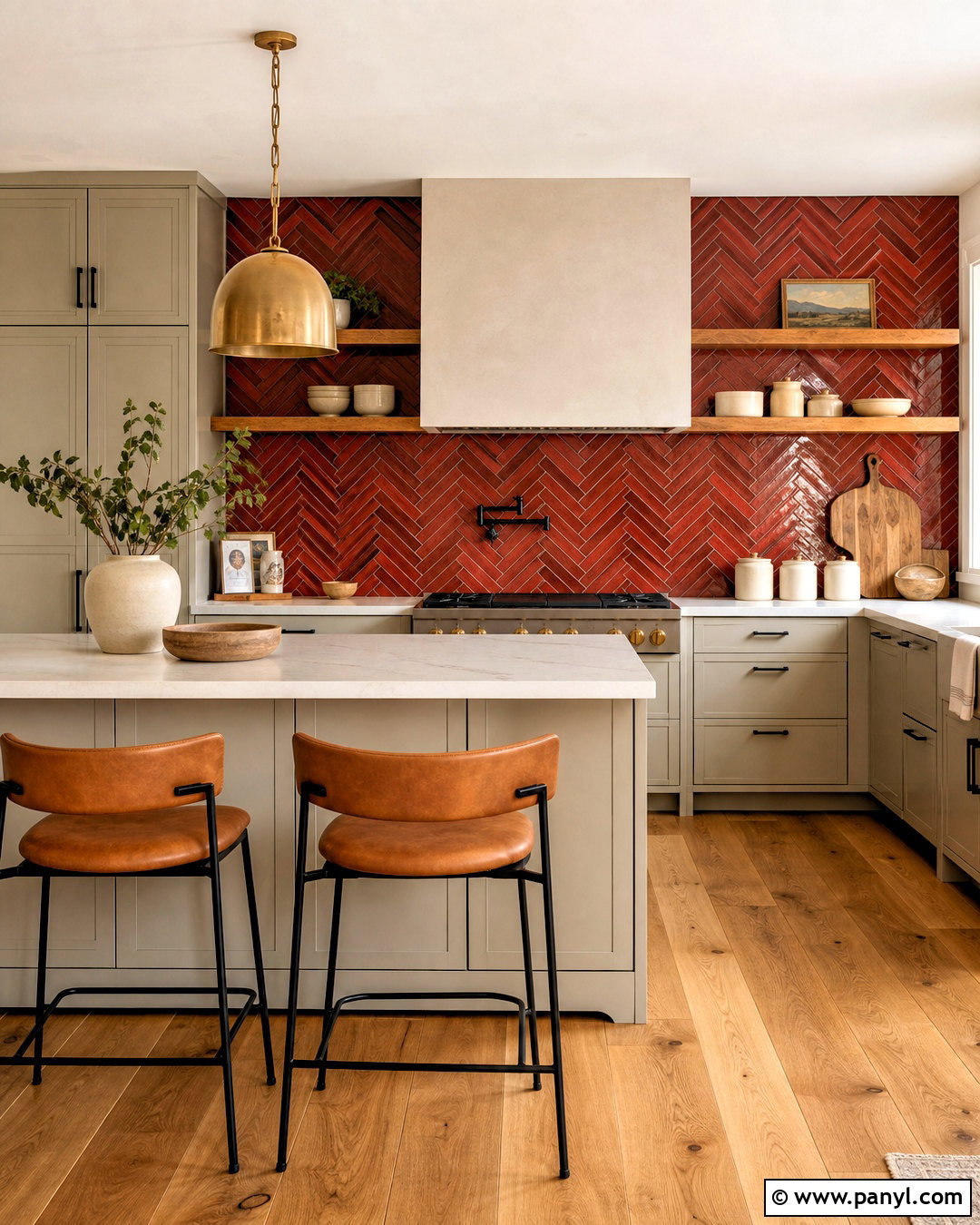 Red Herringbone Tile Kitchen - 20 red patterned background decor ideas