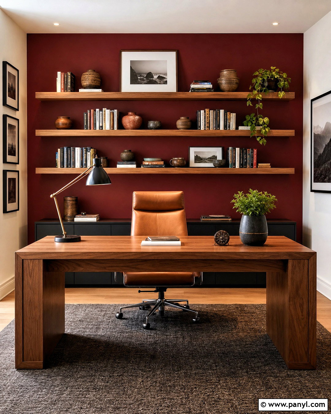 Red Home Office Wall With Wood Shelves - 20 red wall background ideas