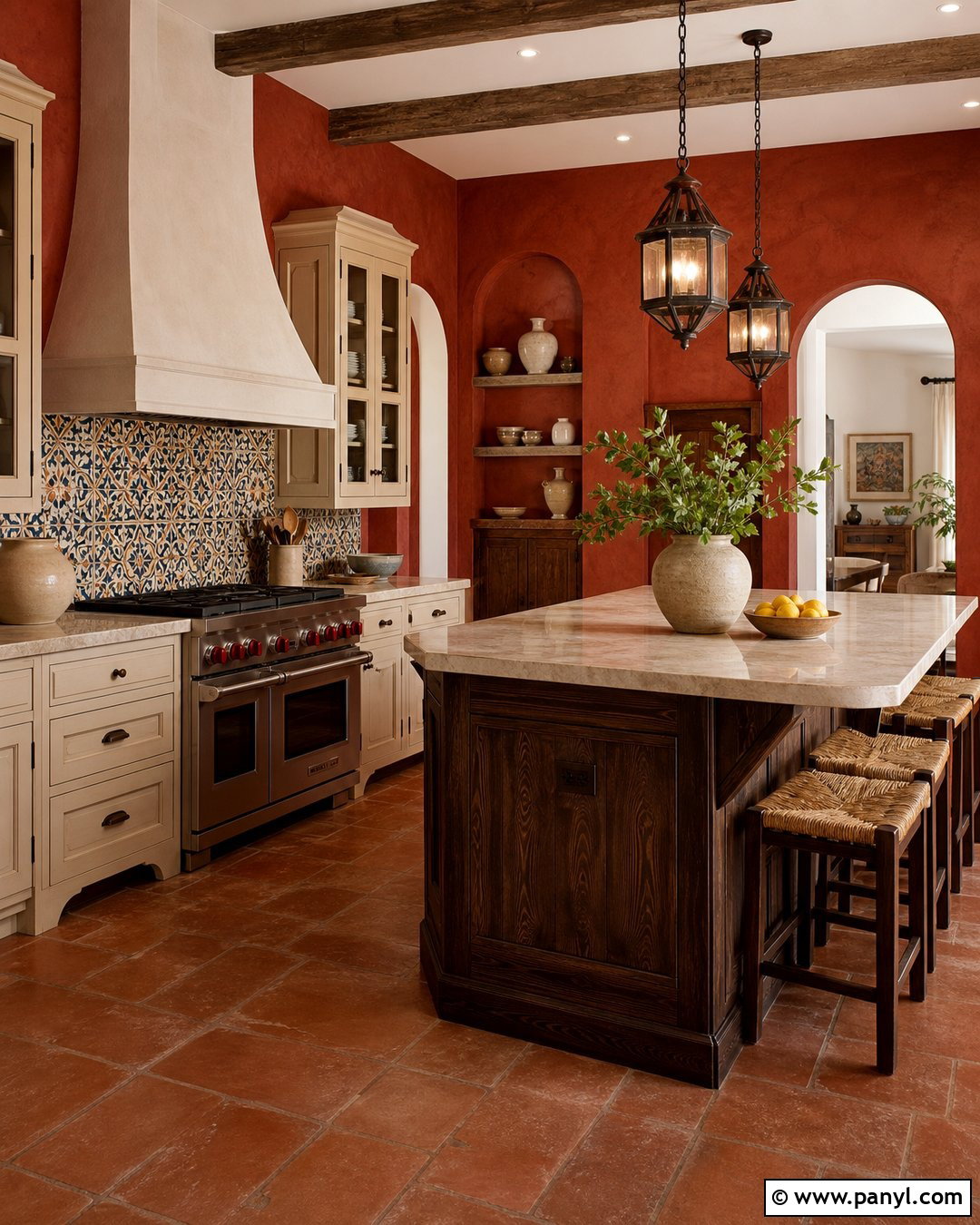 Red Kitchen Walls In A Mediterranean Kitchen - 20 Red Kitchen Wall Color Ideas