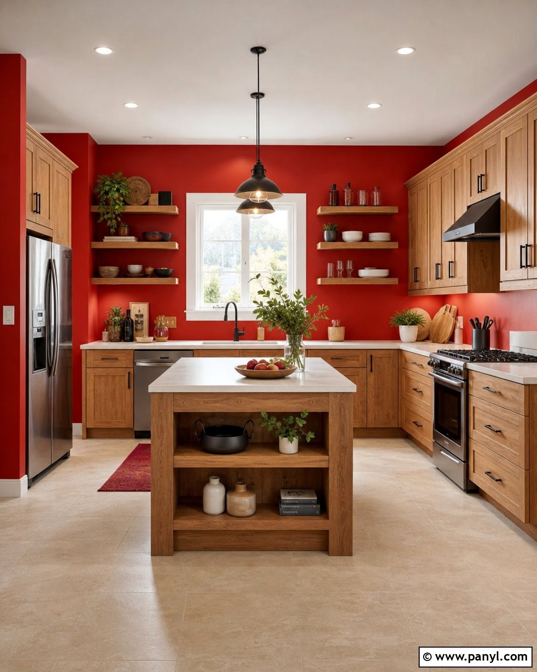 Red Kitchen Walls With Natural Wood Cabinets - 35 red kitchen walls