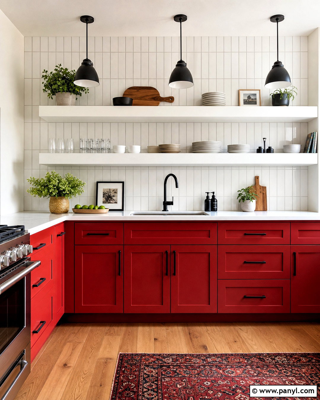 Red Kitchen With White Open Shelves - 20 red and white kitchen ideas