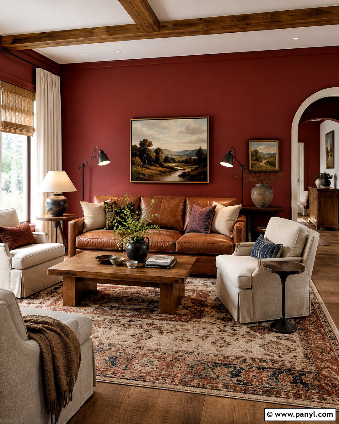 Red Living Room With Brown Leather Sofa - 20 living room red walls