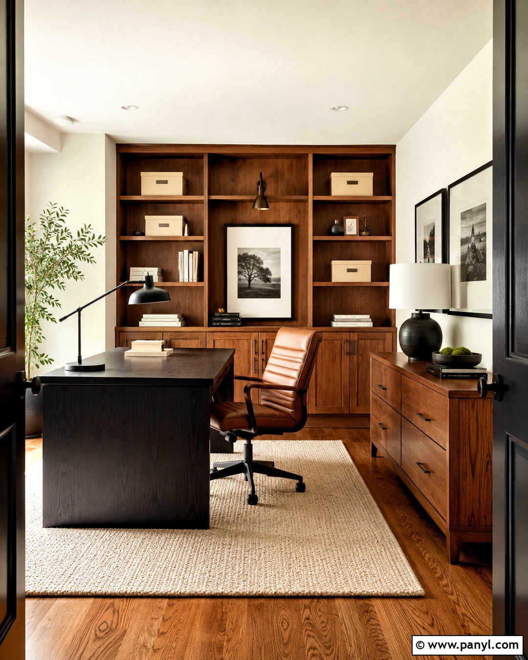 Red Oak And Black Wood Home Office - 20 different wood tones in one room ideas