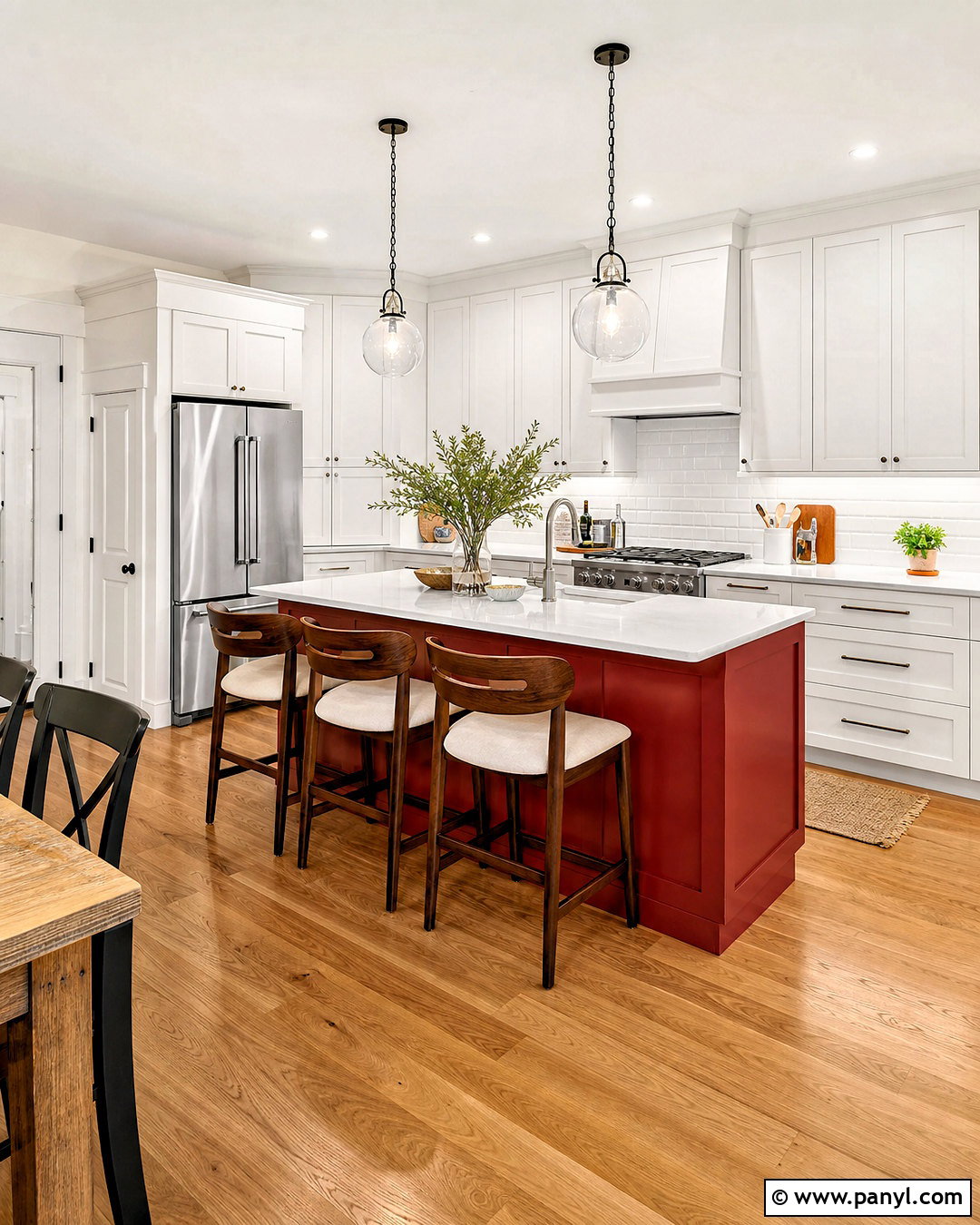 Red Peninsula With White Cabinets - 20 red and white kitchen ideas