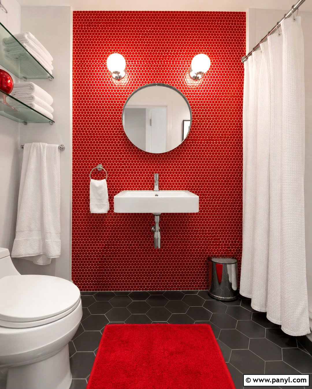 Red Penny Tile Bathroom Wall - 20 Red Accent Wall Bathroom Ideas