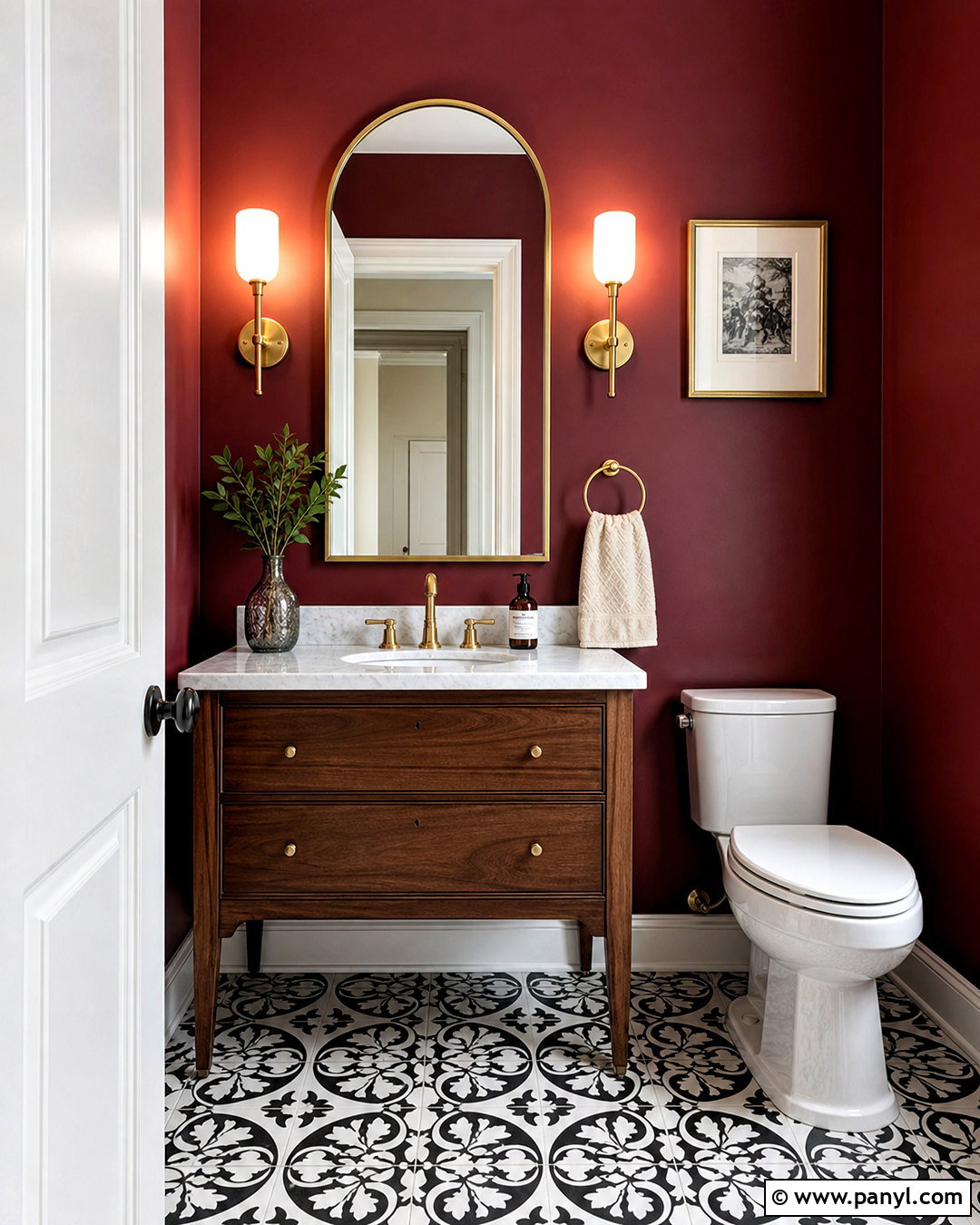 Red Powder Room With Brass Accents - 20 red wall background ideas