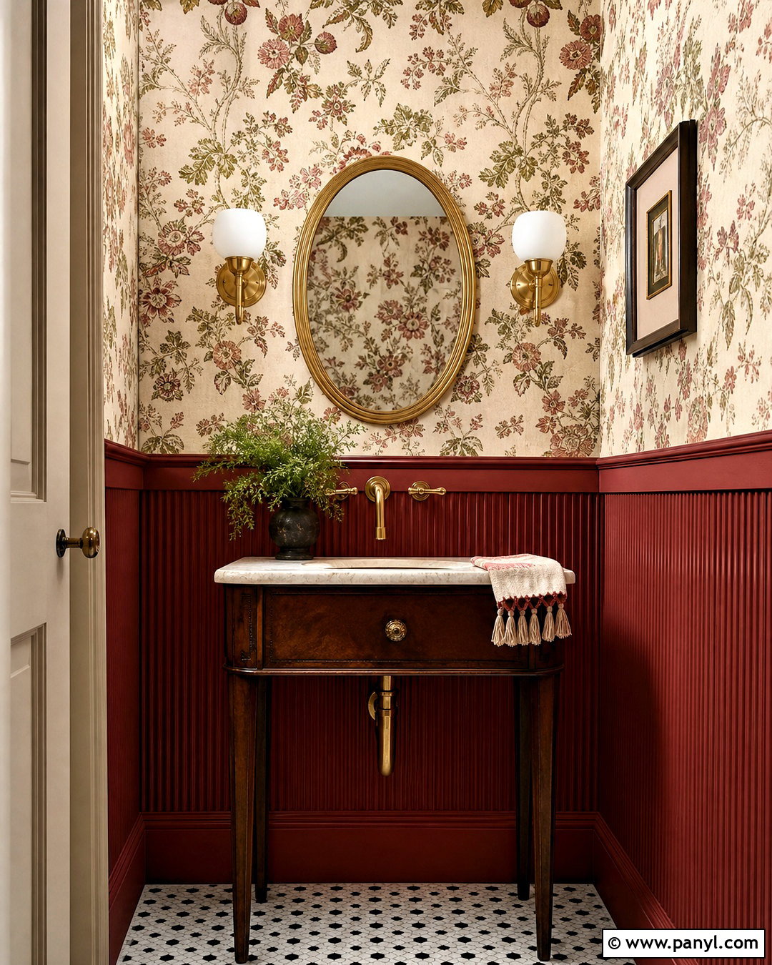 Red Reeded Half Wall Paneling In A Powder Room - 20 half paneled walls