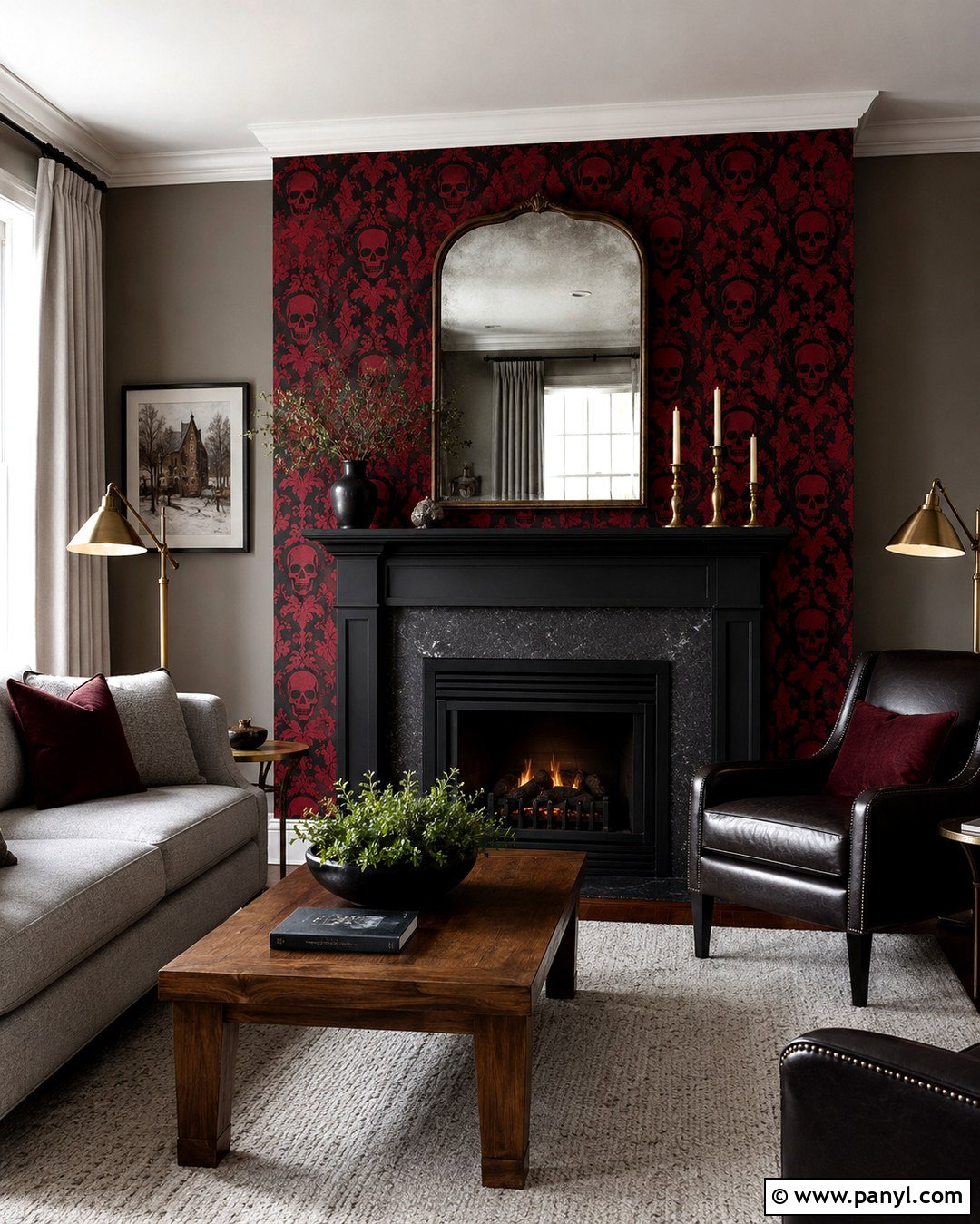 Red Skull Damask Wallpaper Fireplace Wall - 20 Skull Damask Red Wallpaper Ideas