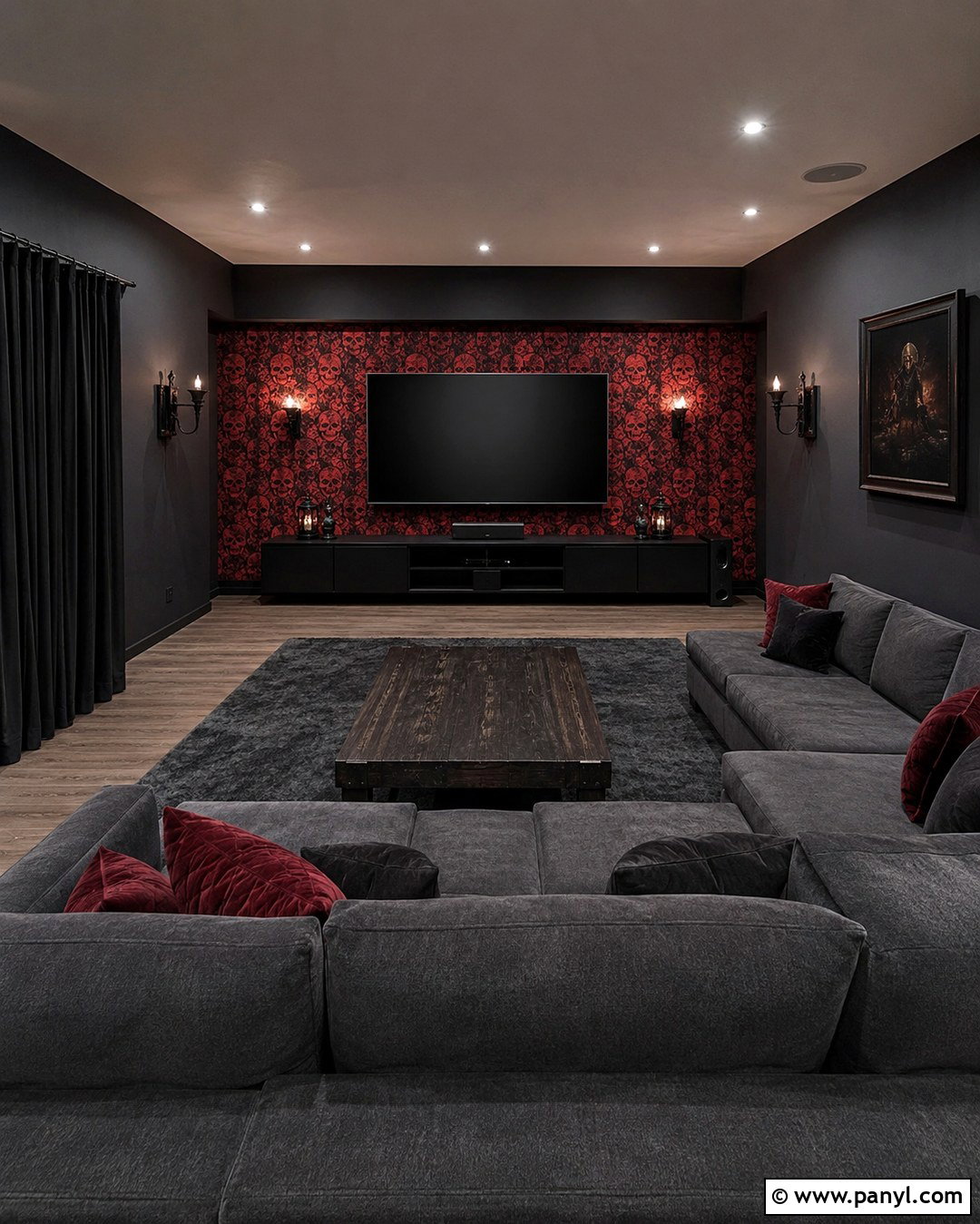 Red Skull Damask Wallpaper Media Room - 20 Skull Damask Red Wallpaper Ideas
