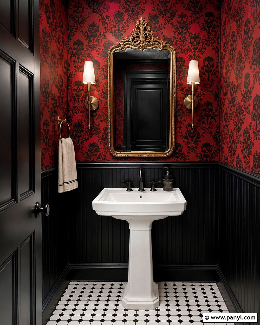 Red Skull Damask Wallpaper Powder Room - 20 Skull Damask Red Wallpaper Ideas