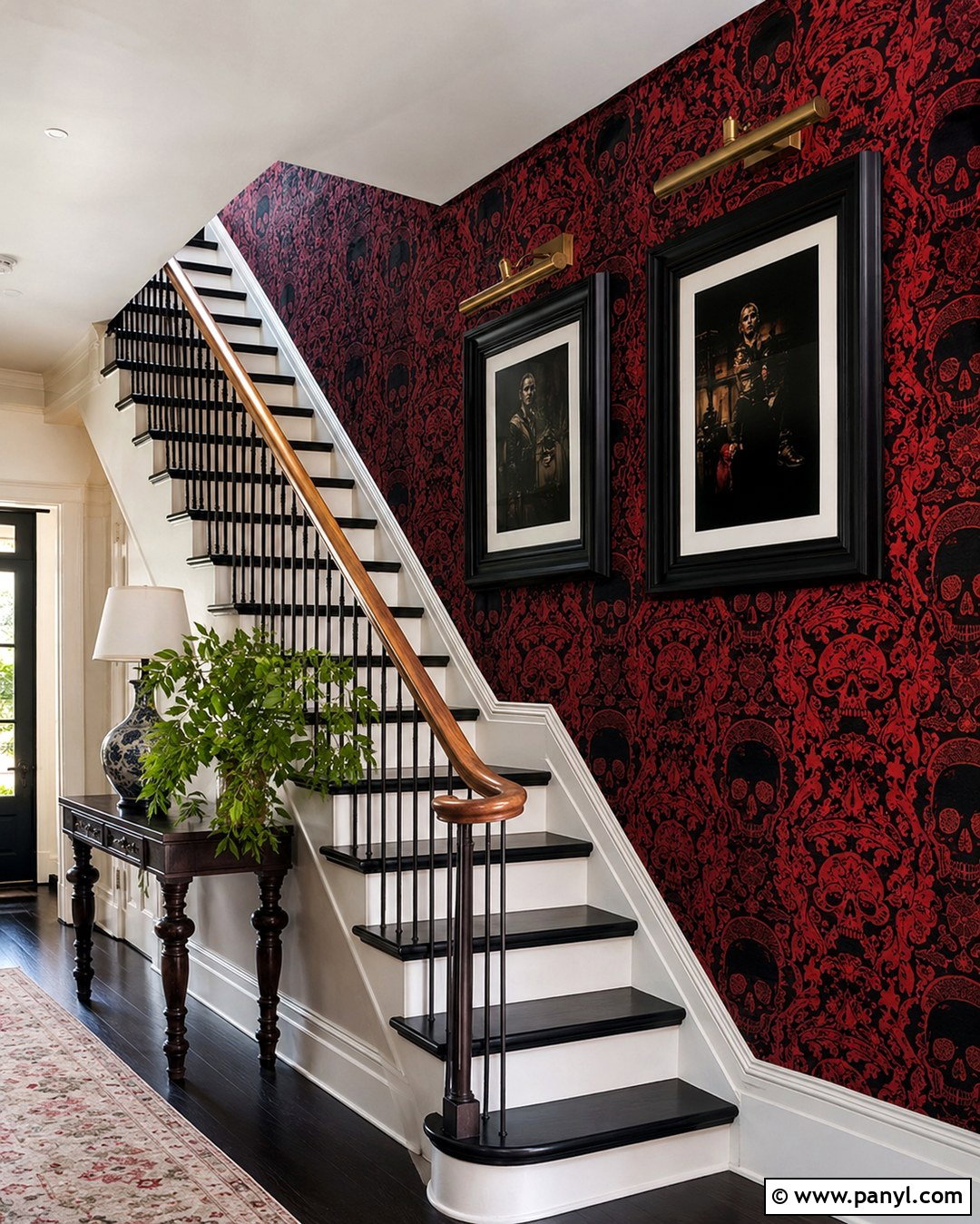 Red Skull Damask Wallpaper Stairway - 20 Skull Damask Red Wallpaper Ideas