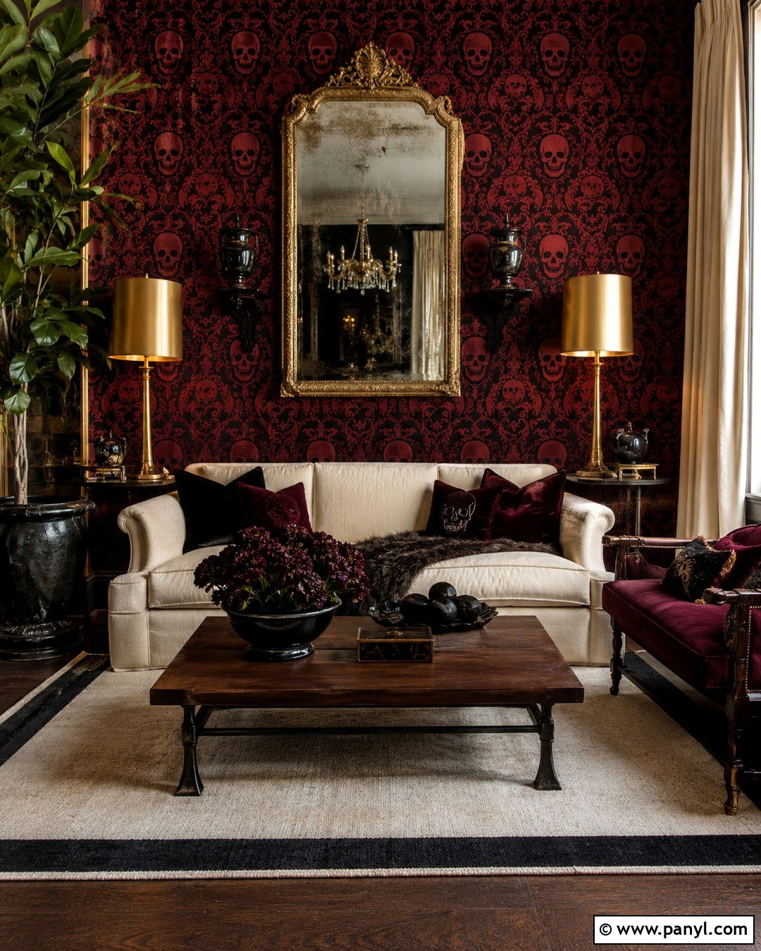 Red Skull Damask Wallpaper With Gold Accents - 20 Skull Damask Red Wallpaper Ideas