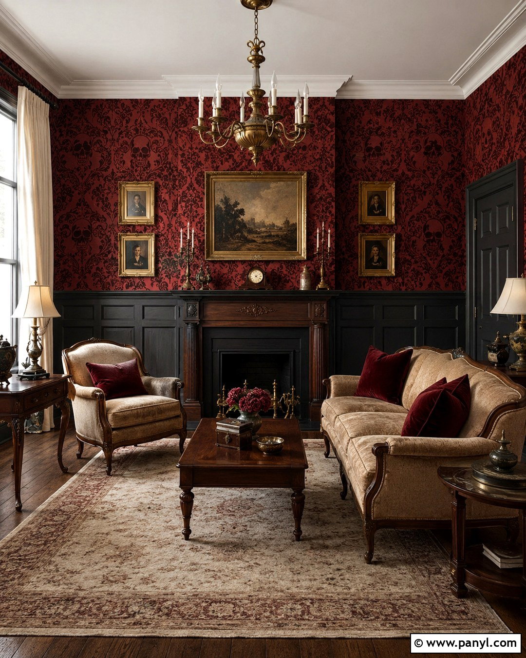 Red Skull Damask Wallpaper With Wainscoting - 20 Skull Damask Red Wallpaper Ideas