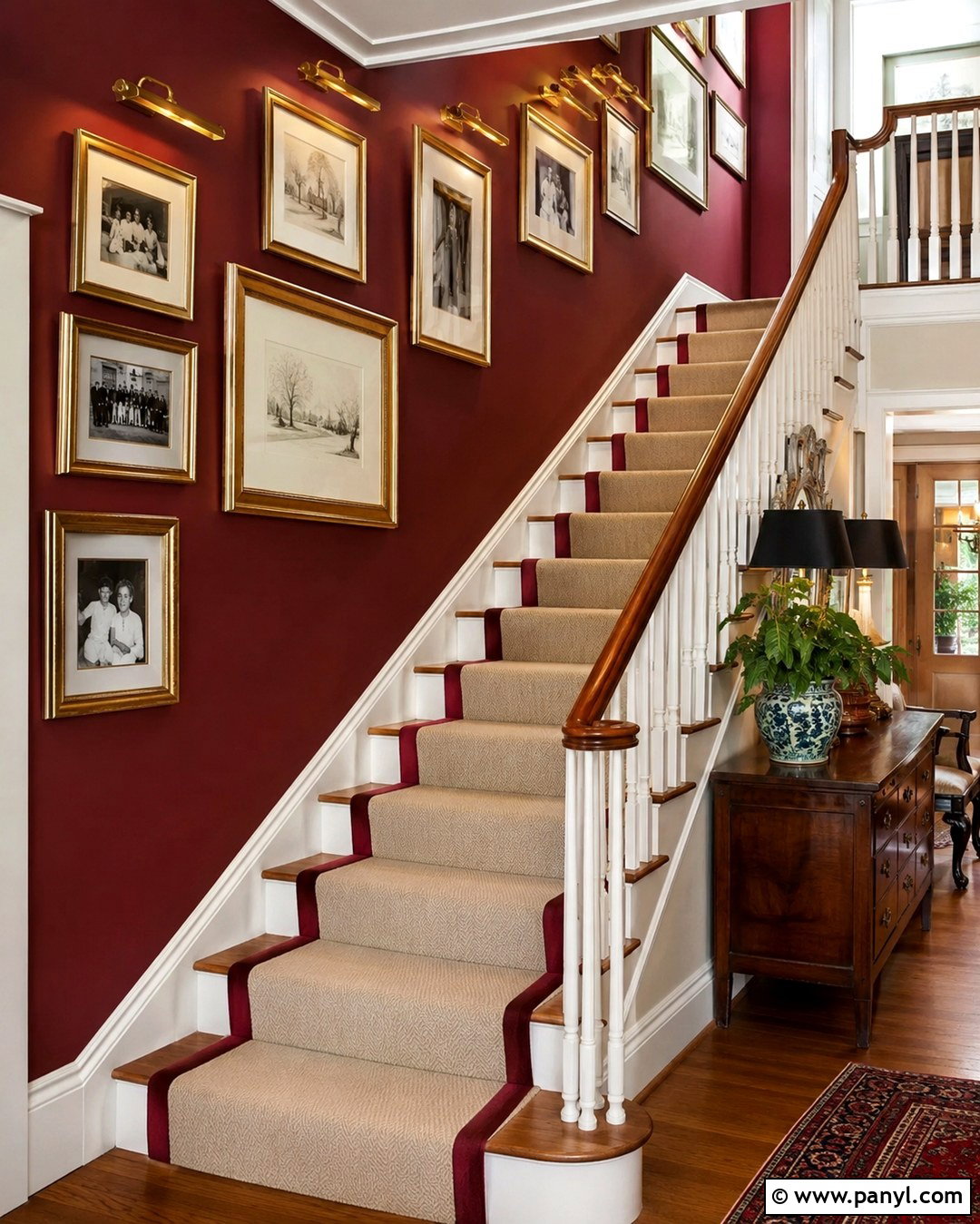 Red Staircase Gallery Wall With Gold Frames - 20 Red And Gold Wall Ideas