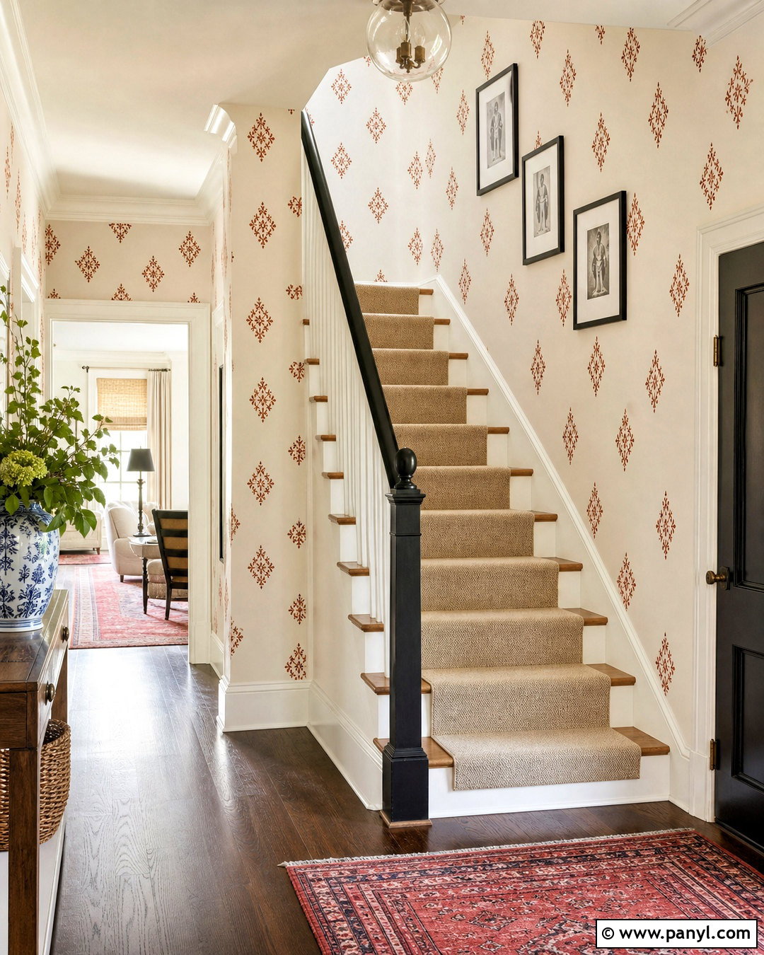 Red Stencil Pattern Staircase - 20 red patterned background decor ideas