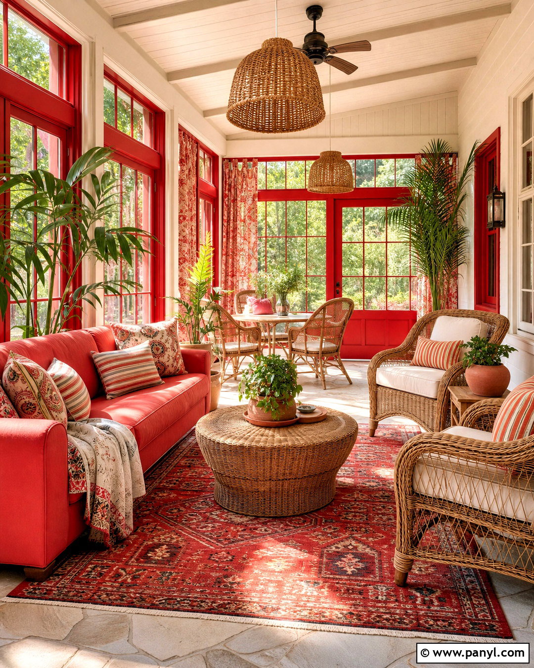 Red Sunroom With Wicker Furniture - 20 red house interior ideas