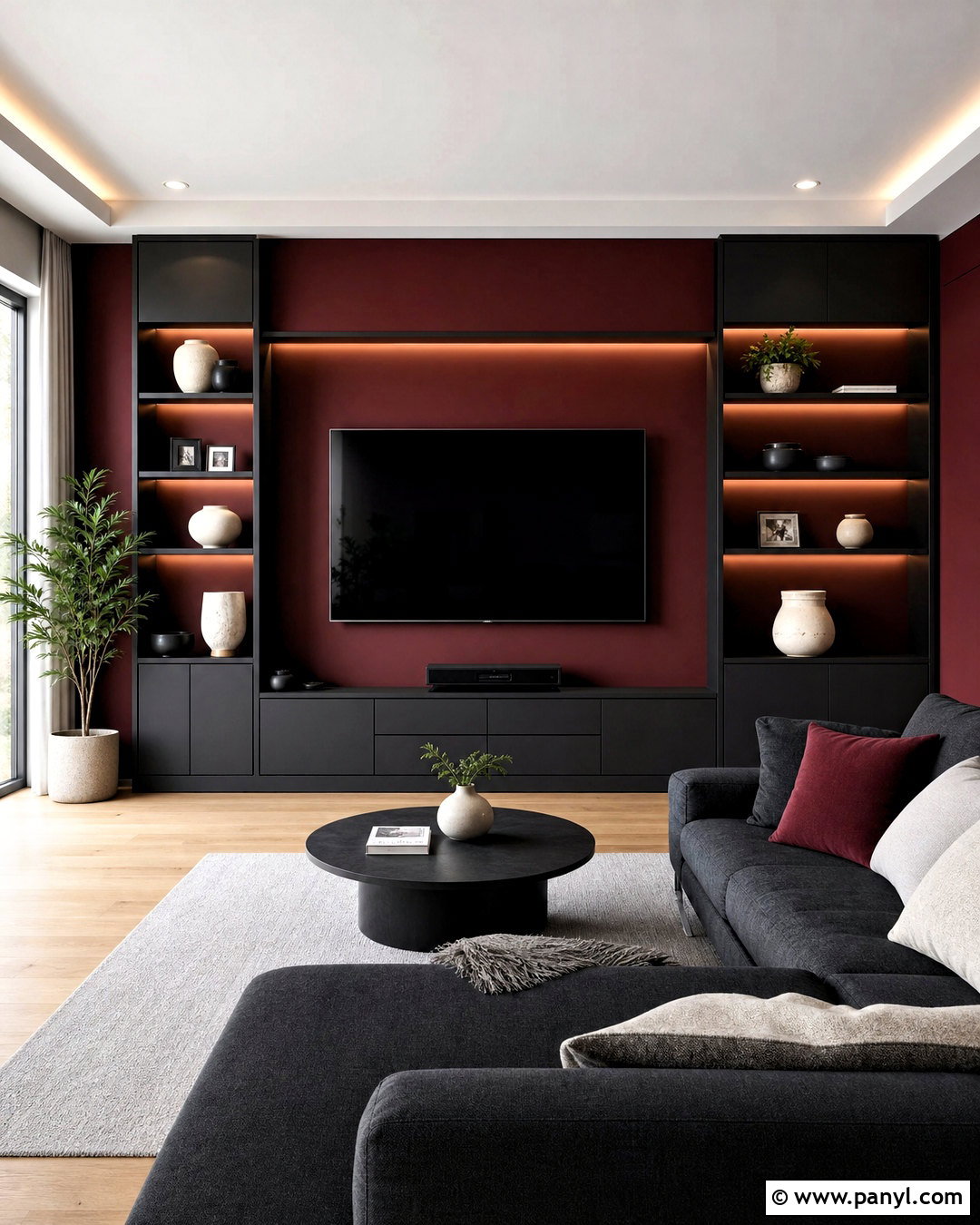 Red TV Wall With Black Built-Ins - 20 red wall background ideas