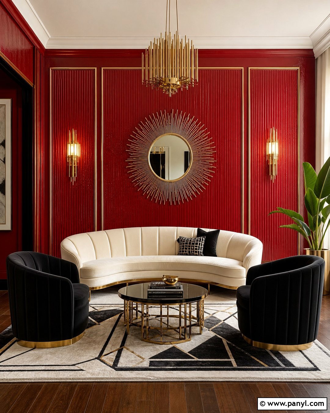 Red Textured Wall Art Deco Lounge - 20 Red Textured Wall With Gold Accents