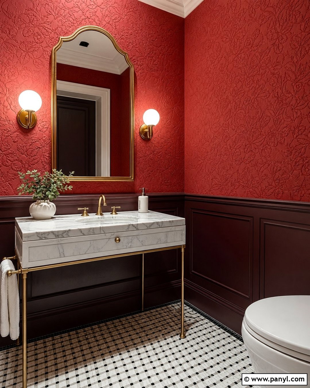 Red Textured Wall Powder Room - 20 Red Textured Wall With Gold Accents