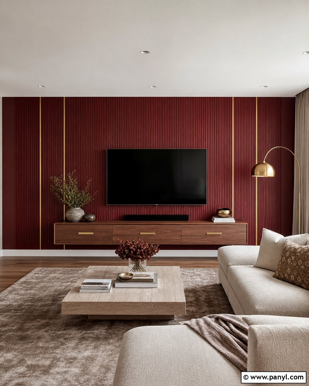 Red Textured Wall TV Unit - 20 Red Textured Wall With Gold Accents