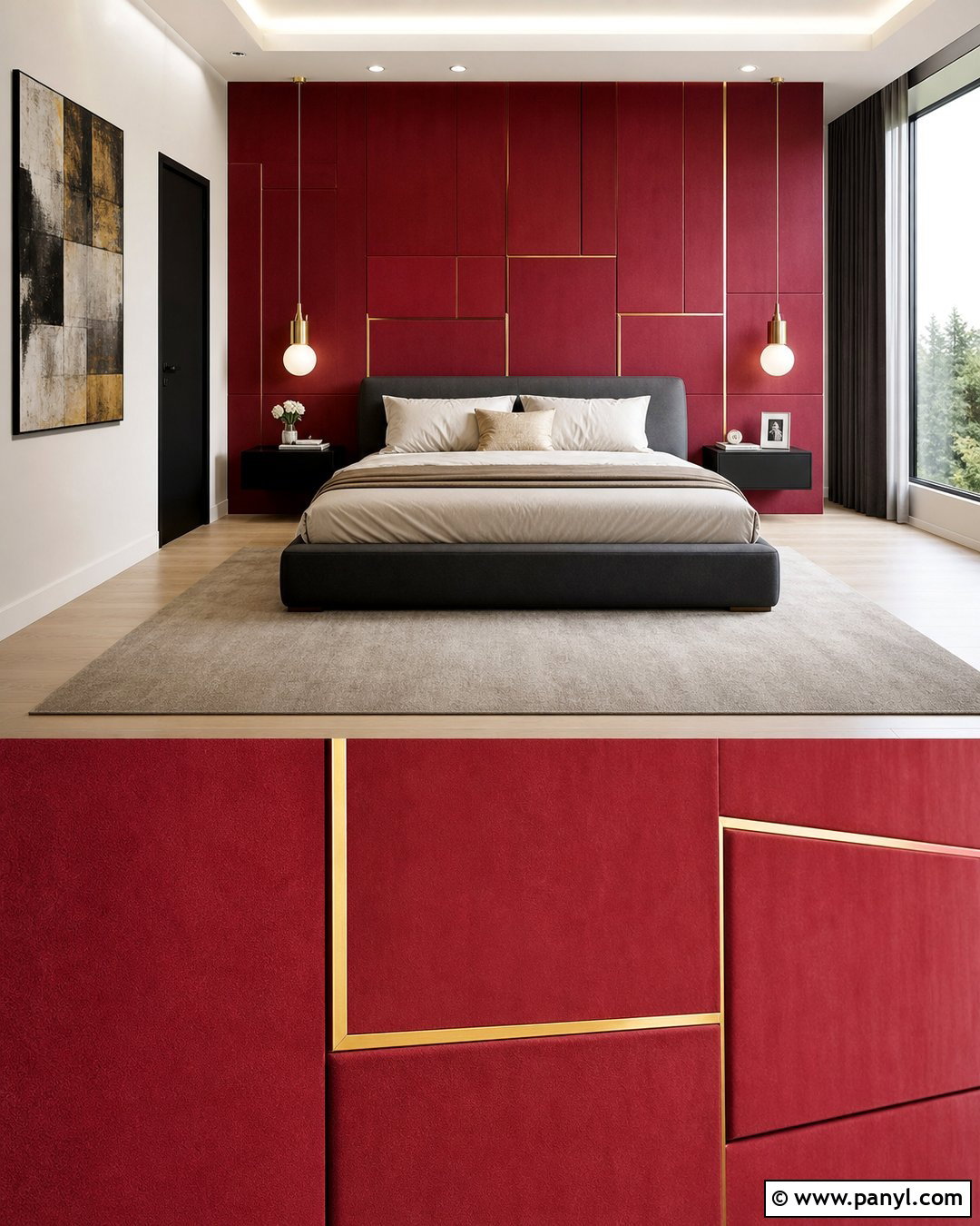 Red Textured Wall With Geometric Panels - 20 Red Textured Wall With Gold Accents