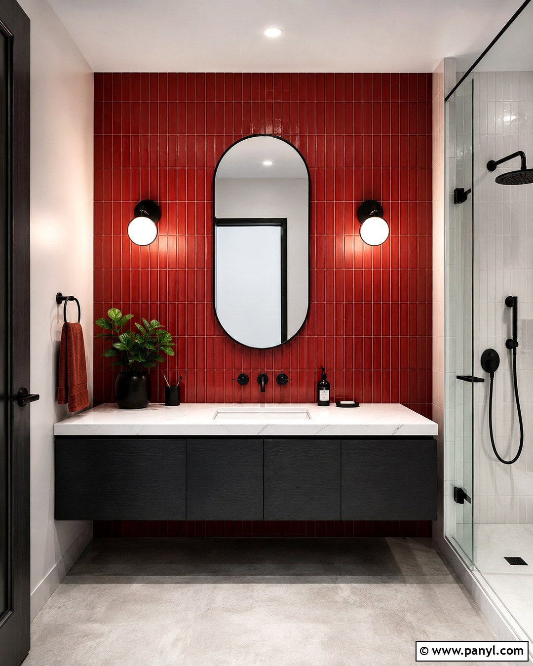 Red Vertical Subway Tile Wall - 20 Red Accent Wall Bathroom Ideas