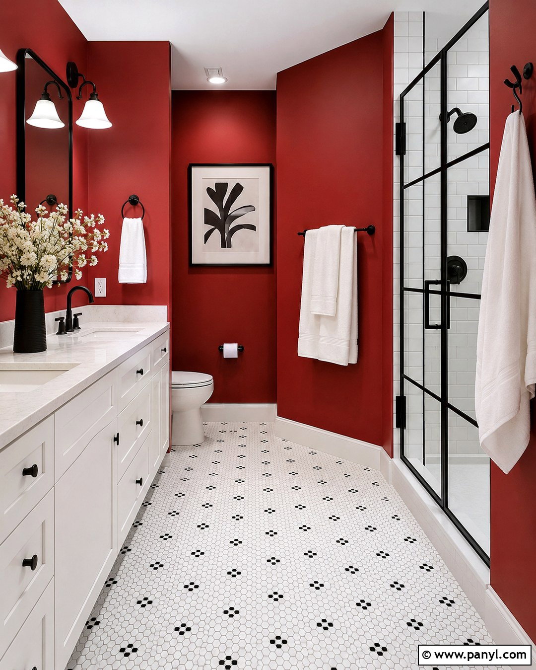 Red Wall Bathroom With Black And White Decor - 20 Red Wall Bathroom Ideas