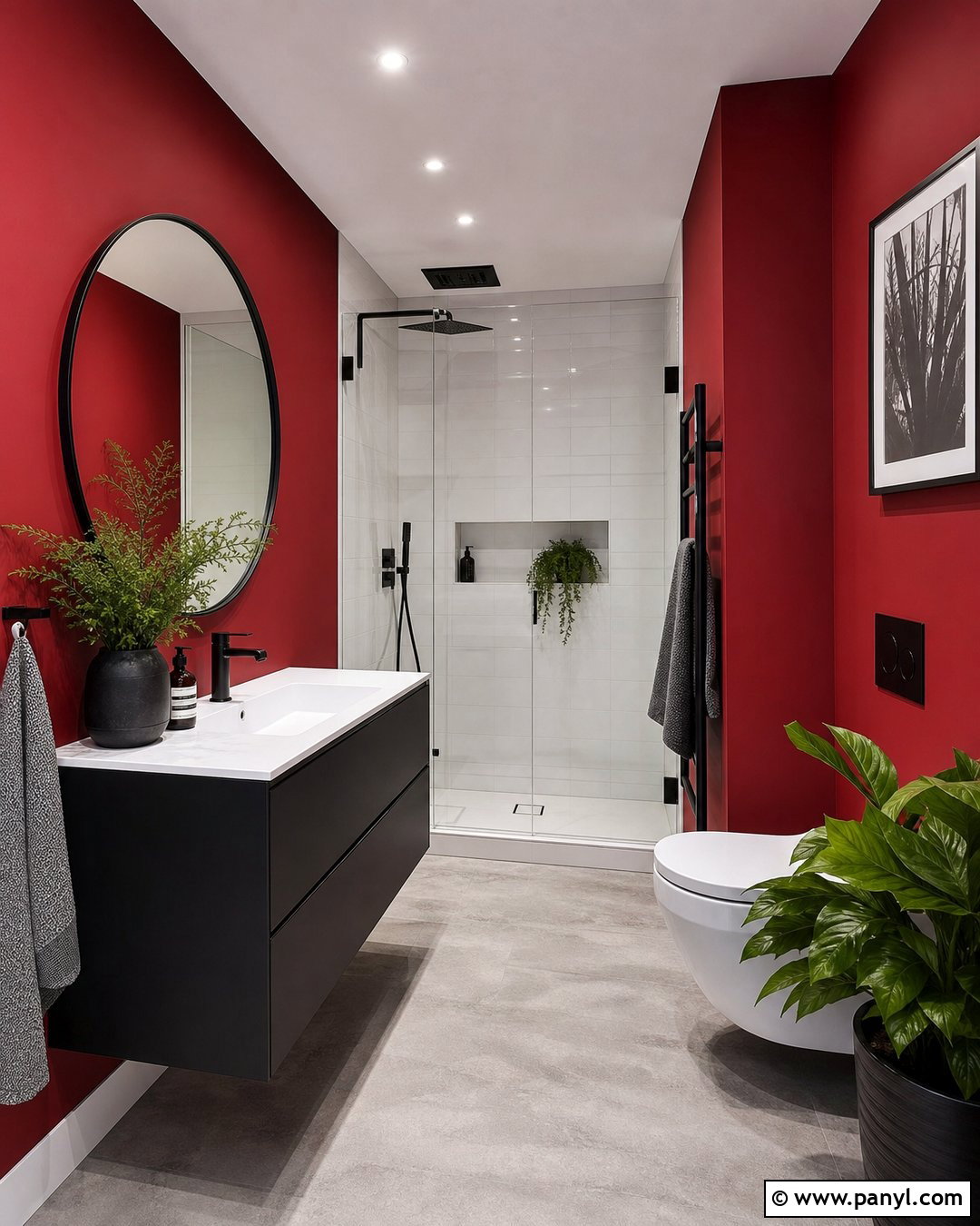 Red Wall Bathroom With Black Fixtures - 20 Red Wall Bathroom Makeover Ideas