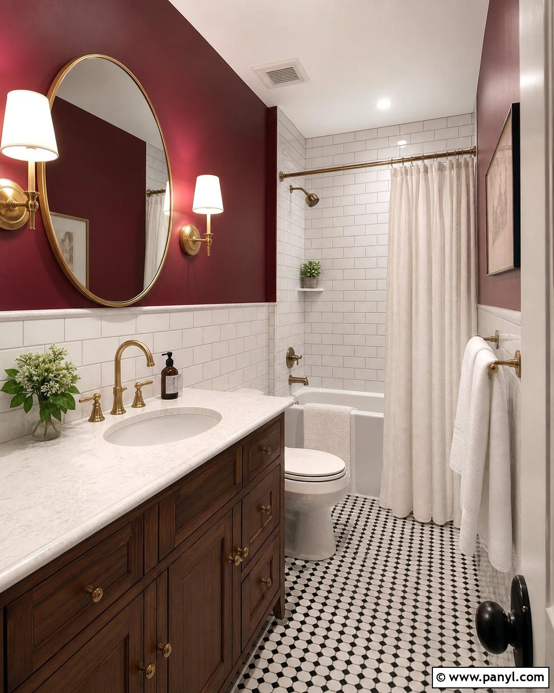Red Wall Bathroom With Brass Fixtures - 25 Red Wall Interior Ideas