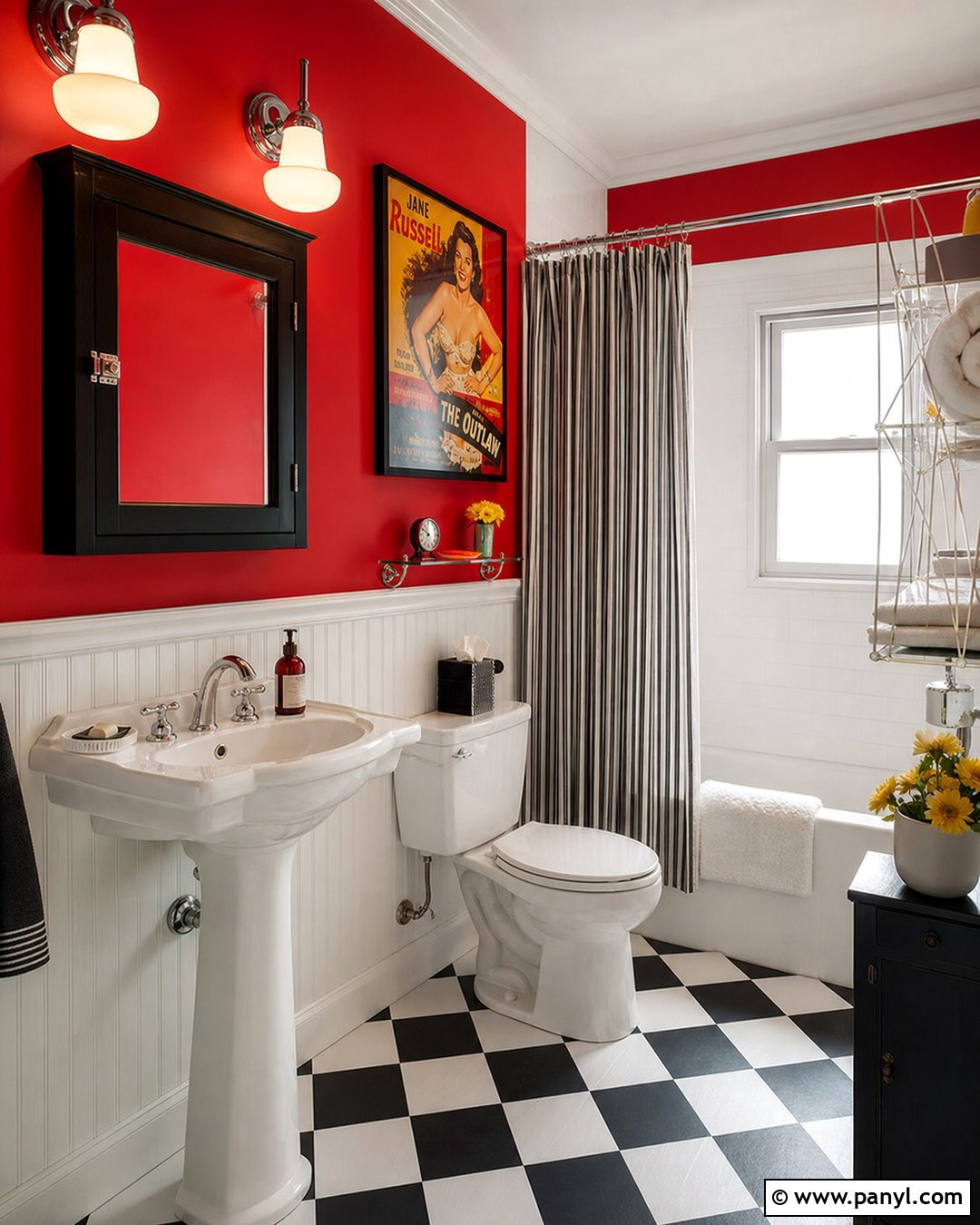 Red Wall Bathroom With Checkerboard Floor - 20 Red Wall Bathroom Makeover Ideas