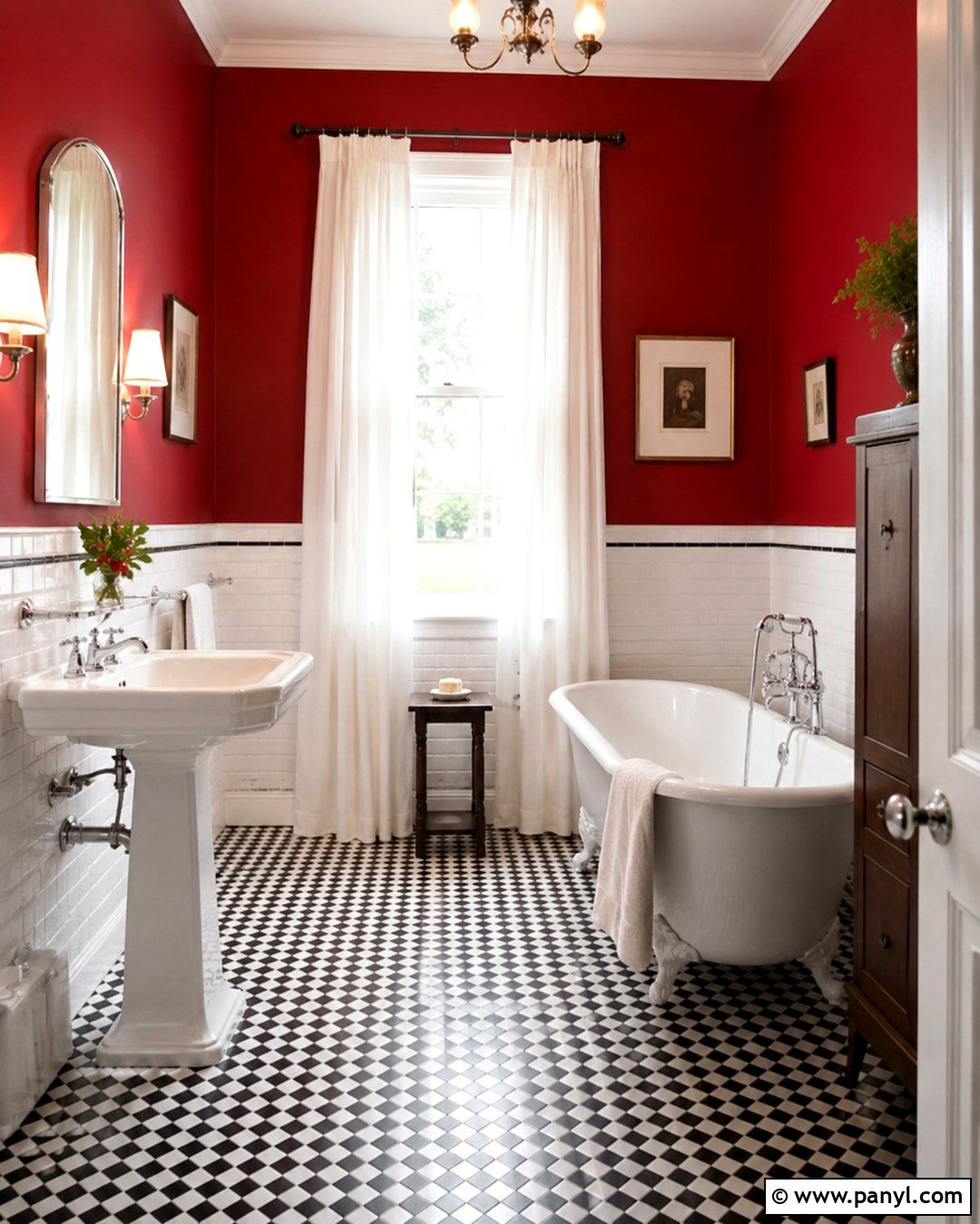 Red Wall Bathroom With Checkerboard Floor - 20 Red Wall Bathroom Ideas