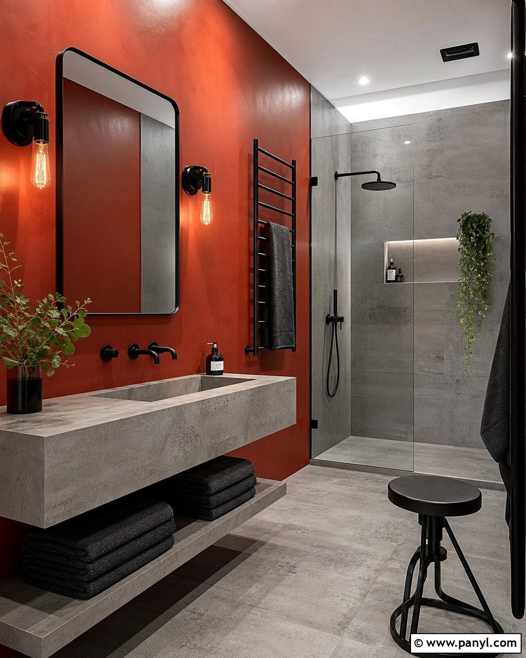 Red Wall Bathroom With Concrete Finishes - 20 Red Wall Bathroom Makeover Ideas