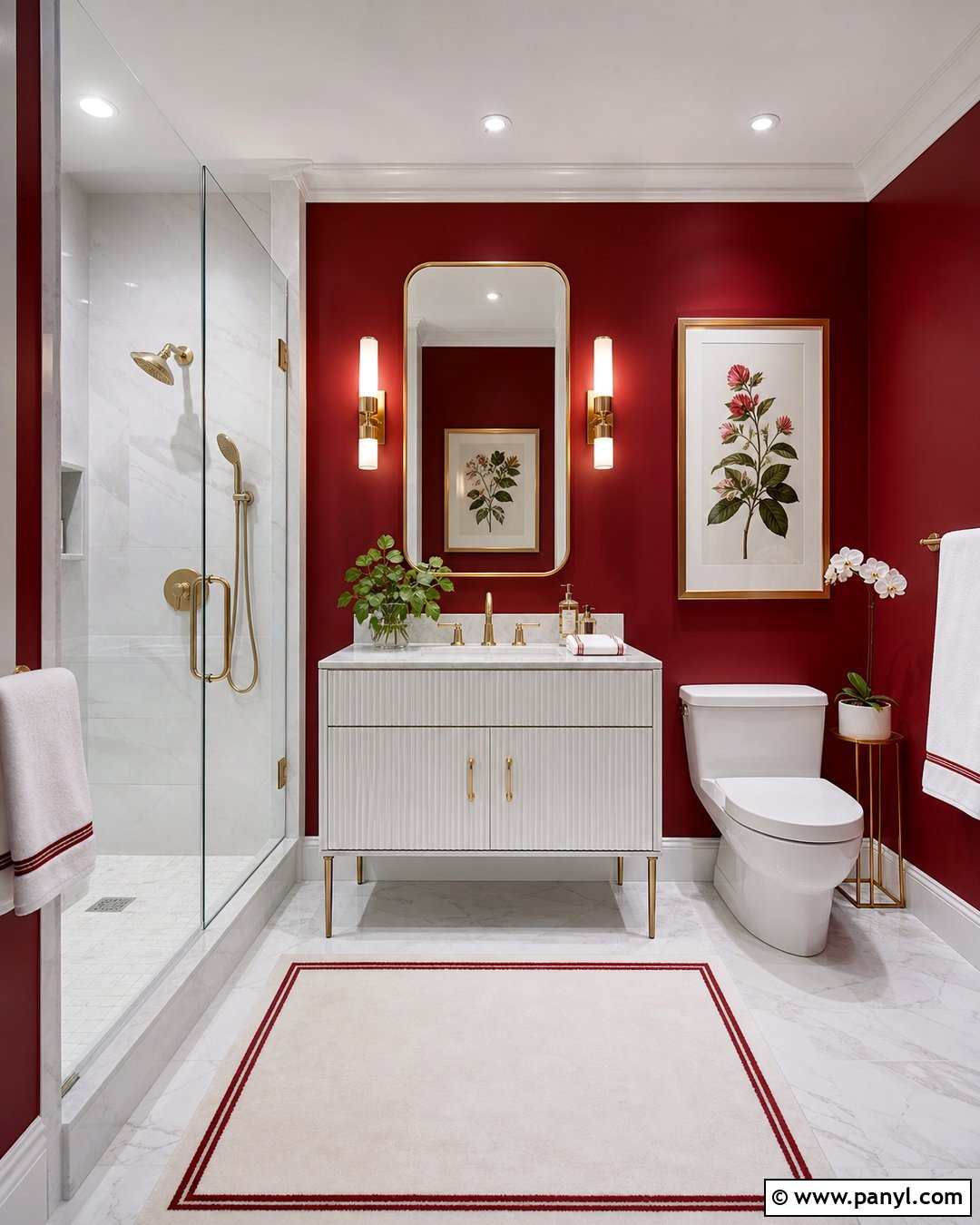 Red Wall Bathroom With Gold Accents - 20 Red Wall Bathroom Makeover Ideas