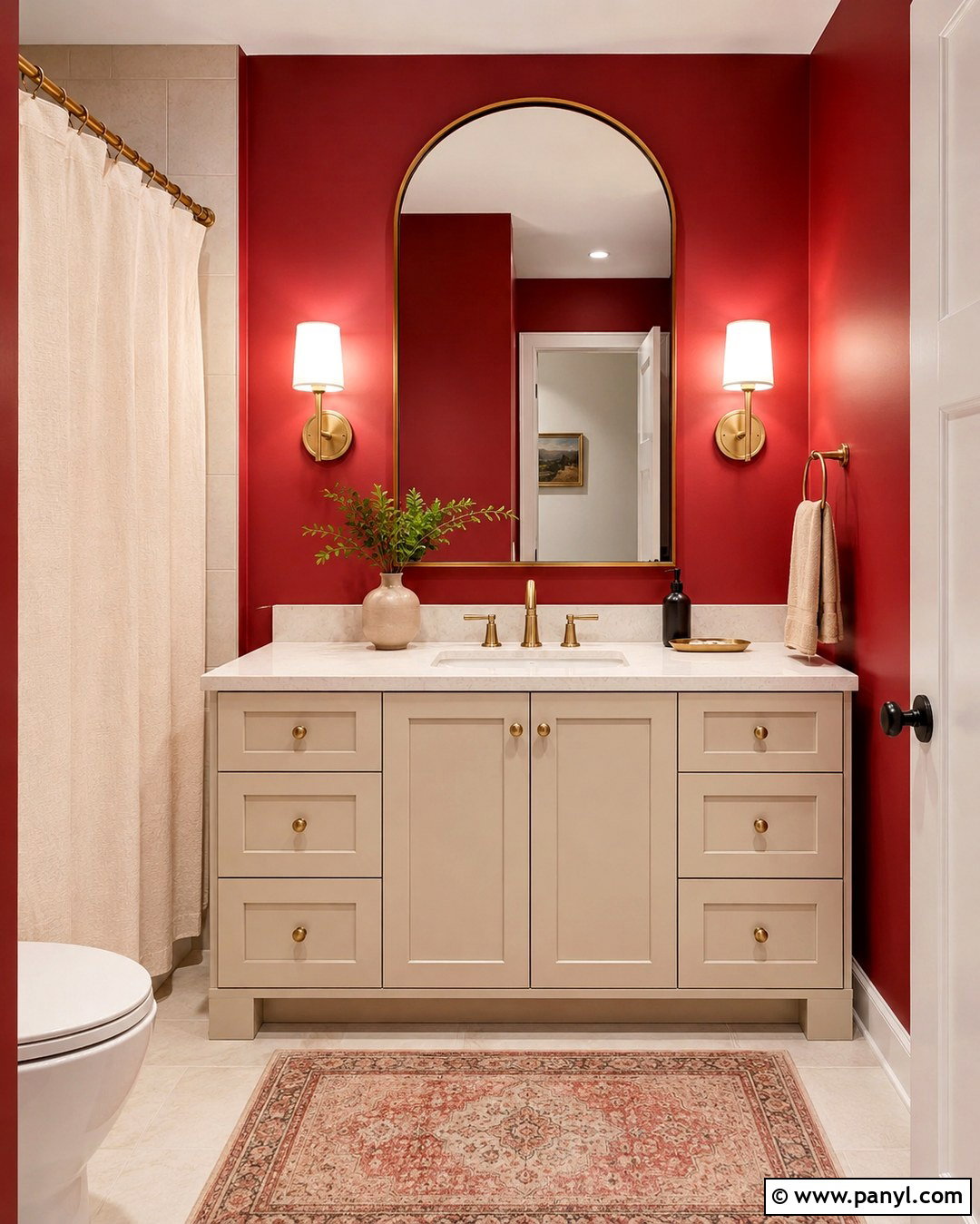 Red Wall Bathroom With Gold Mirror - 20 Red Wall Bathroom Ideas