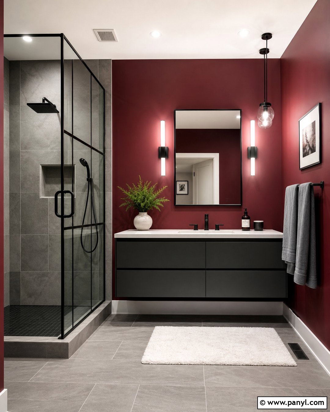 Red Wall Bathroom With Gray Tile - 20 Red Wall Bathroom Makeover Ideas