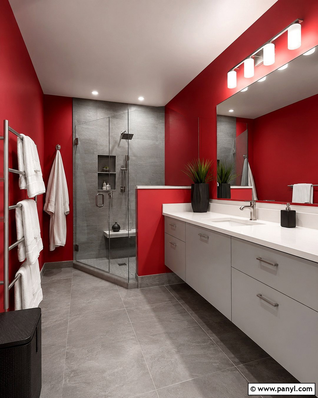 Red Wall Bathroom With Gray Tile - 20 Red Wall Bathroom Ideas