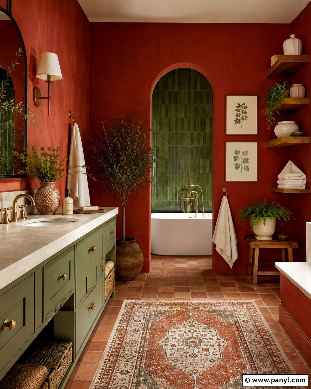 Red Wall Bathroom With Green Accents - 20 Red Wall Bathroom Ideas