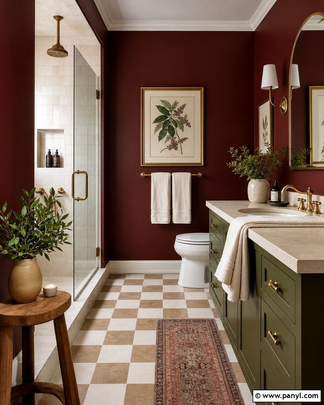 Red Wall Bathroom With Green Vanity - 20 Red Wall Bathroom Makeover Ideas